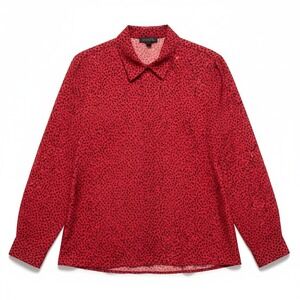 Notation Red Black Polka Dot Button Down Blouse, Woman's Size 10, Long Sleeve